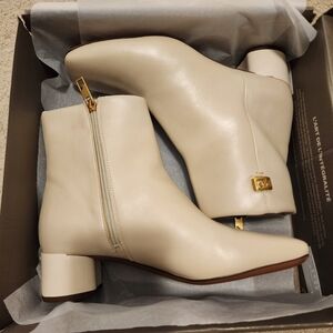 Franco Sarto Women's Cream Leather Ankle Boots Block Heel Gold Accents Sz 9.5